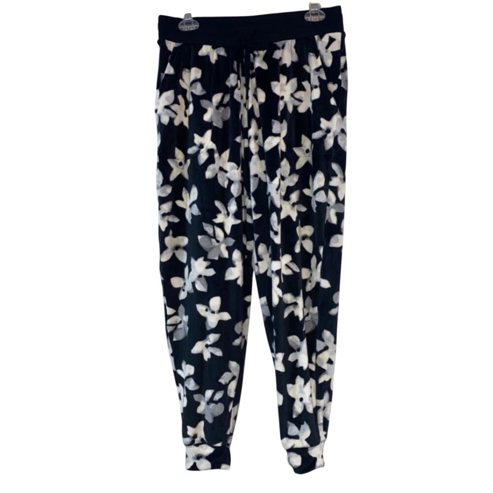 Three Dots Velour Jogger Pants Medium Black White Floral Lounge Soft Pull On